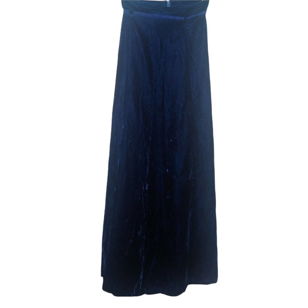 Vintage 70s Handmade Women's XS Blue Velvet Maxi Skirt Zip Ribbon Belt Long 27"